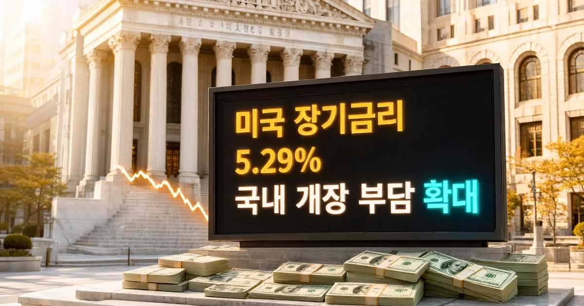 장기금리 급등과 지수 하락이라는 글의 두 축을 중앙은행 건물과 하락 차트로 한눈에 보여준다.