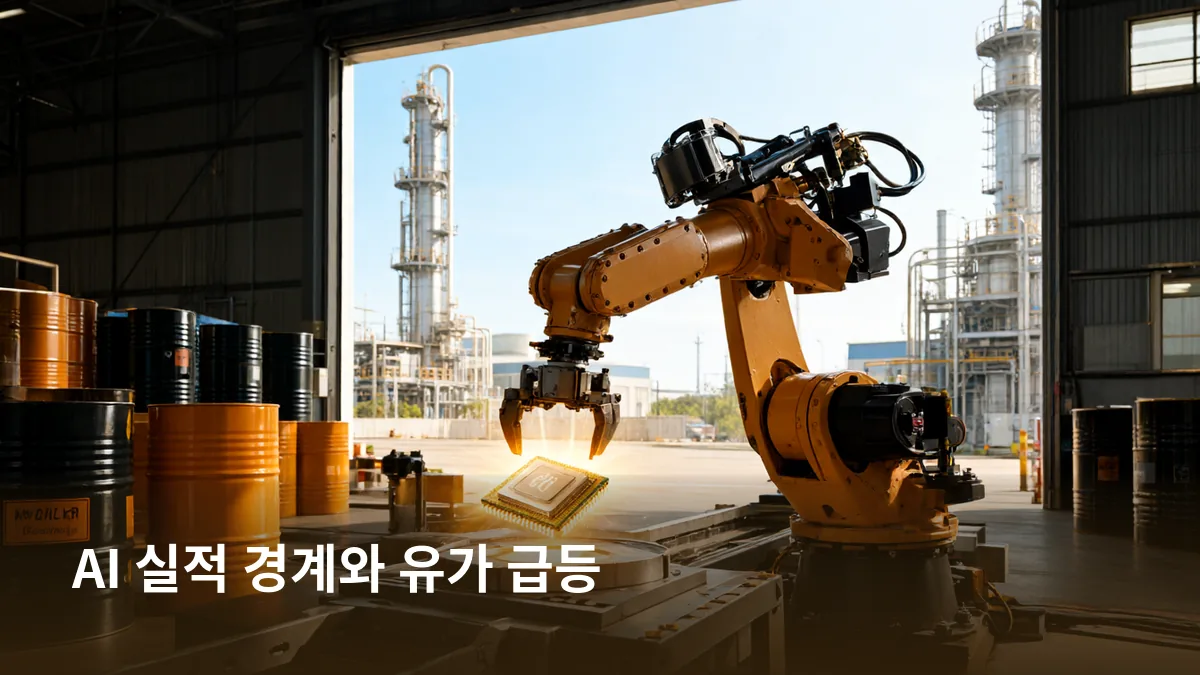 이 절의 두 재료인 AI 실적 경계와 유가 급등을 로봇팔·칩·유가로 한 장에 담는다