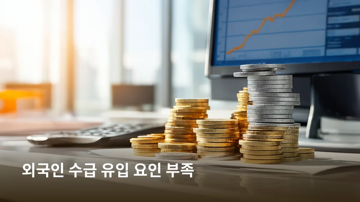 원화가 달러와 함께 움직이지 않아 외국인 매수가 이어지기 어려움을 기운 코인 더미로 보여 준다
