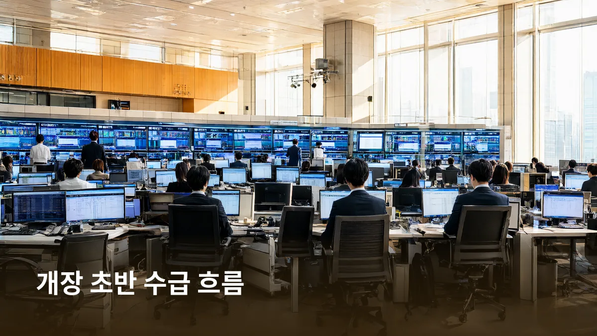 개장 이후 환율과 외국인 매매를 확인하는 구간을 거래실 장면으로 보여 준다