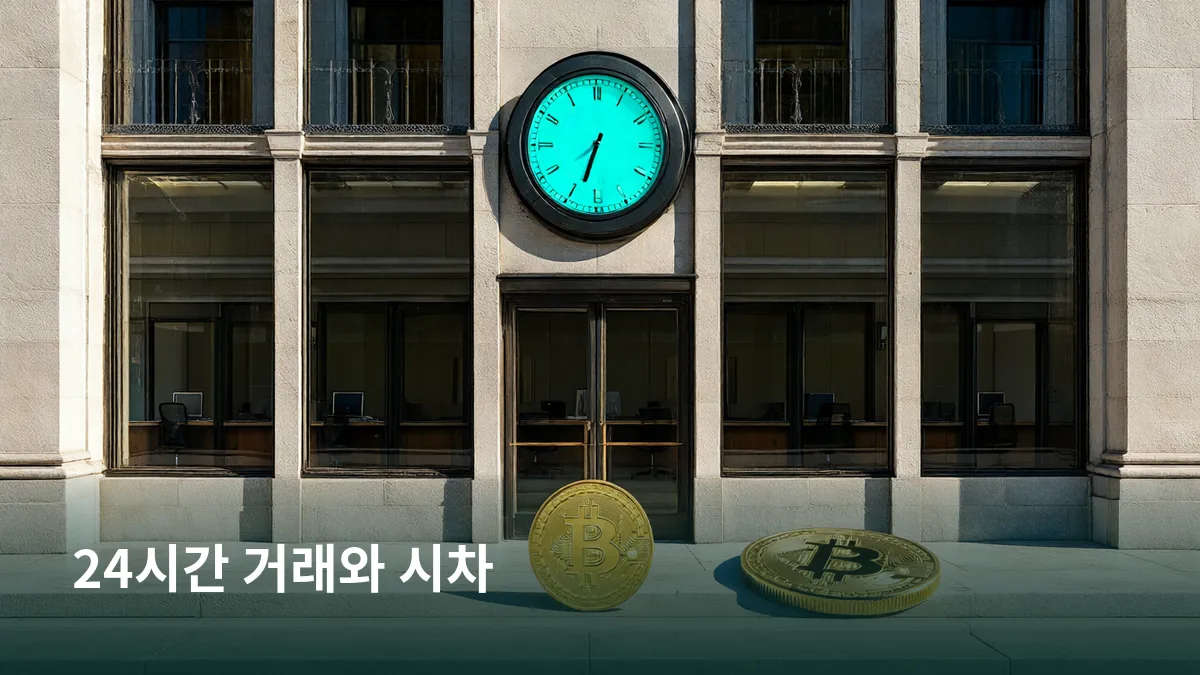24시간 비트코인과 거래시간이 정해진 국내 시장의 어긋남을 시계와 은행 건물로 구분하기 위해