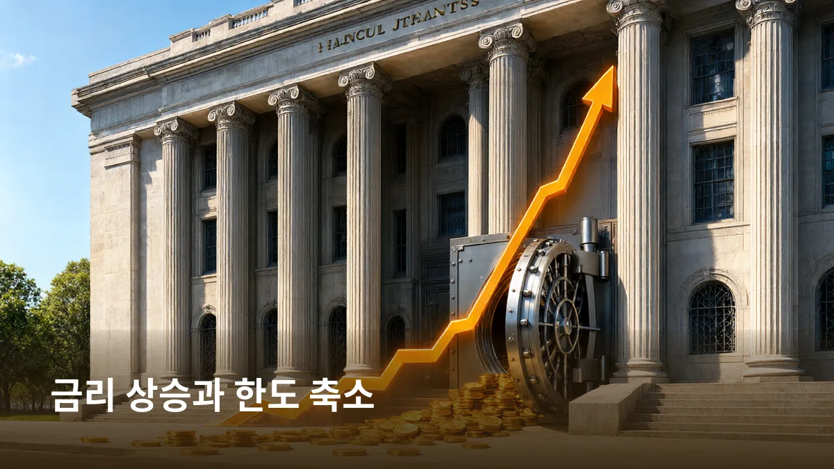 금리 상승을 상징하는 급등 곡선과 닫히는 금고로 한도가 줄어드는 긴장을 밝게 연출한다