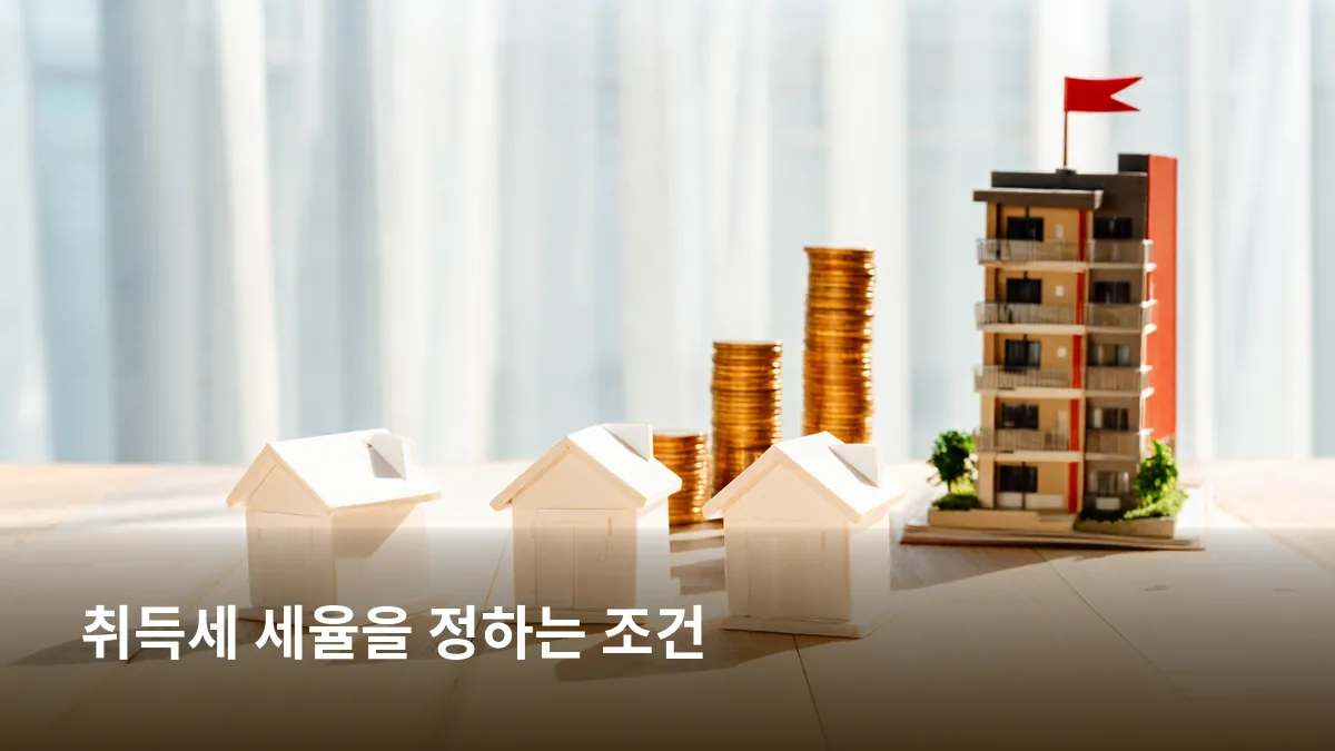 주택 수·취득 가액·지역 지정 세 조건을 모형집과 동전, 붉은 깃발로 나란히 보여 준다.