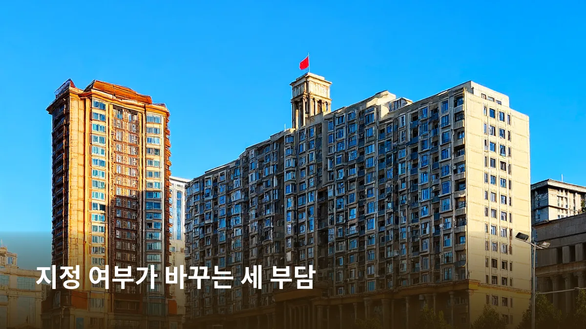 같은 줄지은 주택 중 하나만 깃발이 달려 지정 상태가 세 부담을 바꾼다는 전환 문장의 긴장을 그린다.