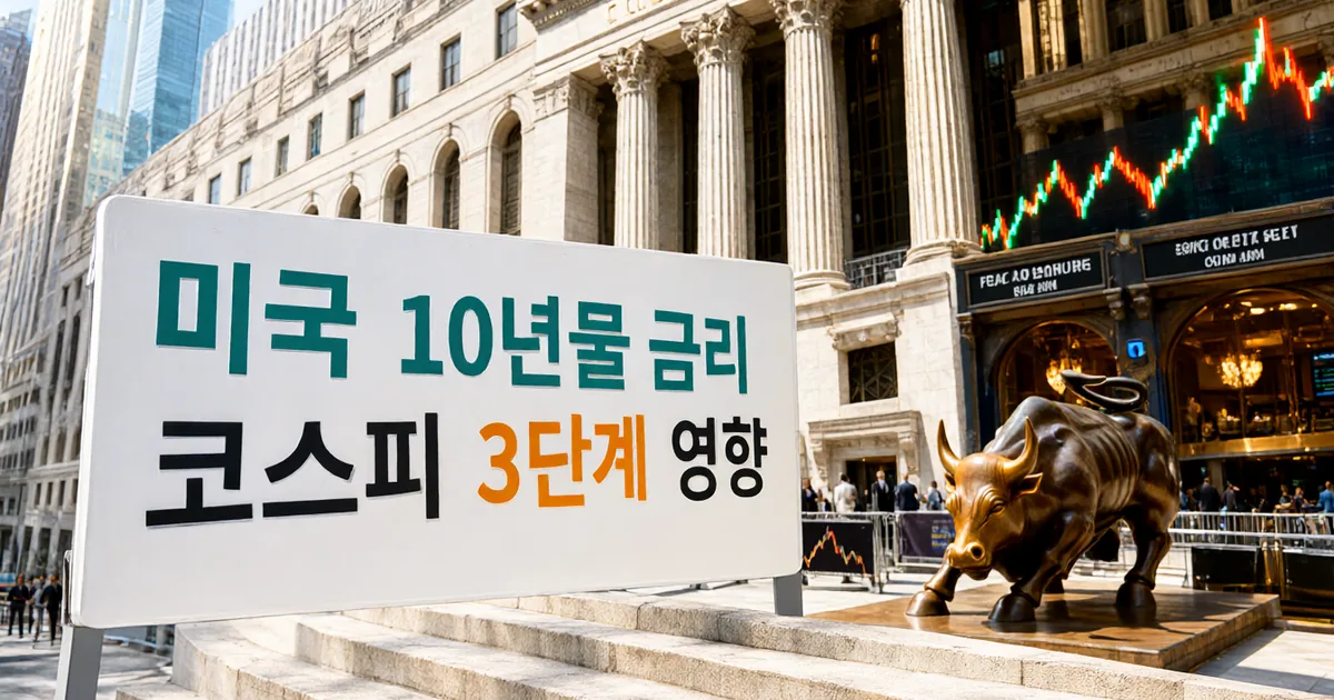 미국 장기금리라는 주인공과 코스피라는 대상을 환한 낮의 중앙은행과 거래소 상징으로 함께 보여준다.