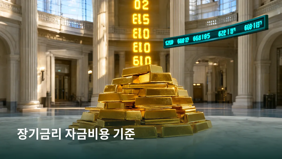 글로벌 자금비용 기준인 미국 10년물 금리와 기업 조달부담을 금괴와 중앙은행 공간으로 직관화한다.