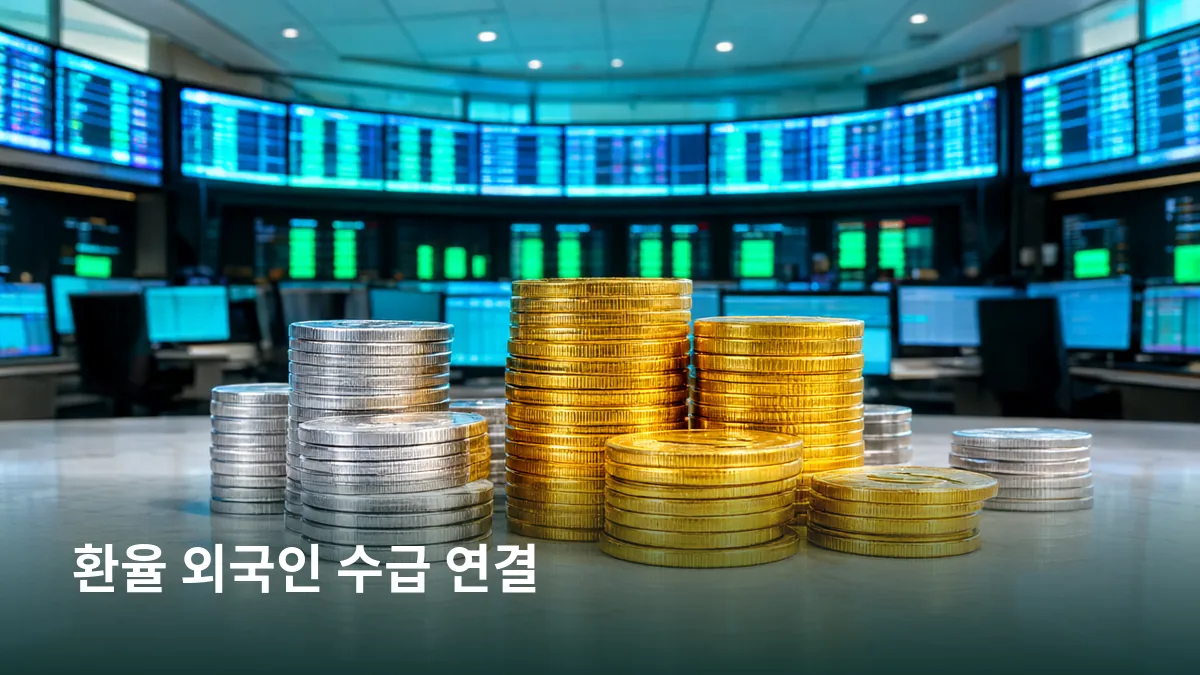 달러 강세와 원화 약세가 외국인 수급으로 이어지는 2단계 과정을 환율 상징과 거래소로 보여준다.